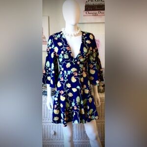 Mestiza New York 55% Linen Cotton blend Floral  embroidered dress blue color 2